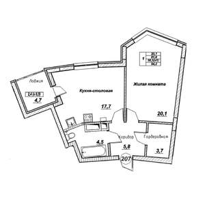 1-к квартира, вторичка, 54м2, 4/7 этаж