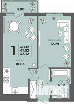 1-к квартира, строящийся дом, 41м2, 7/8 этаж