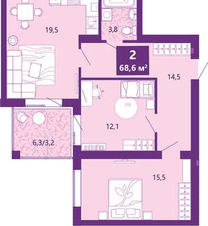 2-к квартира, сданный дом, 69м2, 3/4 этаж
