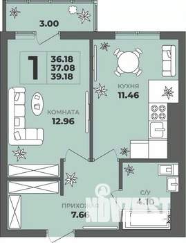 1-к квартира, строящийся дом, 37м2, 3/8 этаж