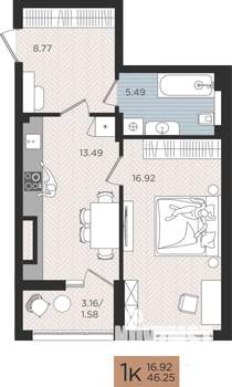 1-к квартира, строящийся дом, 46м2, 5/10 этаж