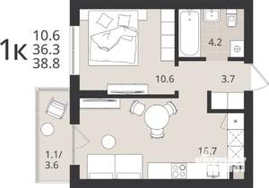 1-к квартира, вторичка, 36м2, 1/9 этаж