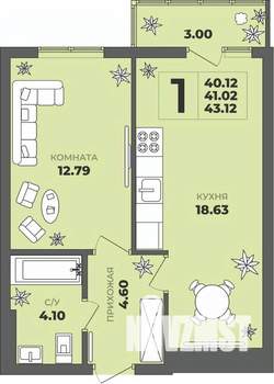 1-к квартира, строящийся дом, 41м2, 4/8 этаж