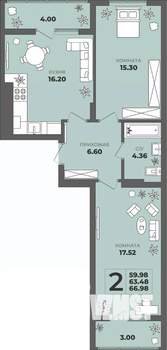2-к квартира, строящийся дом, 63м2, 6/8 этаж