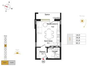 Студия квартира, вторичка, 30м2, 6/9 этаж