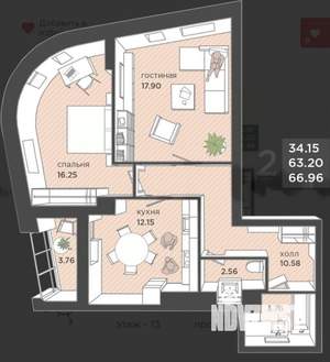 2-к квартира, сданный дом, 65м2, 13/25 этаж