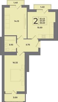 2-к квартира, вторичка, 61м2, 9/9 этаж