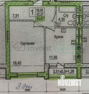 1-к квартира, вторичка, 43м2, 8/9 этаж