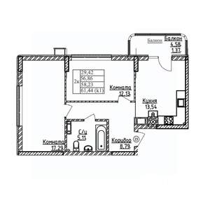 2-к квартира, строящийся дом, 58м2, 6/9 этаж