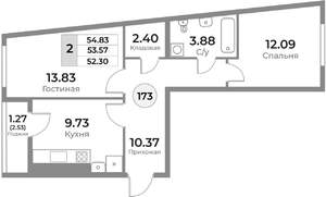 2-к квартира, вторичка, 54м2, 9/10 этаж
