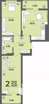 2-к квартира, вторичка, 63м2, 8/8 этаж