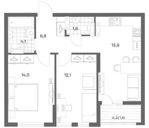 2-к квартира, строящийся дом, 56м2, 11/18 этаж