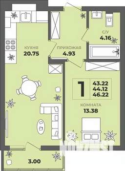 1-к квартира, вторичка, 44м2, 1/8 этаж