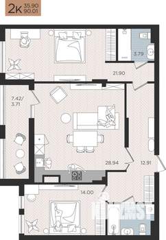 2-к квартира, строящийся дом, 90м2, 4/10 этаж