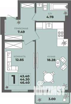 1-к квартира, строящийся дом, 44м2, 1/8 этаж