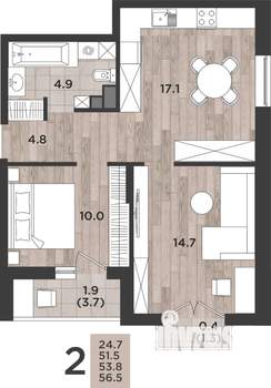 2-к квартира, вторичка, 54м2, 14/14 этаж