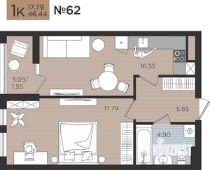 1-к квартира, вторичка, 46м2, 3/10 этаж