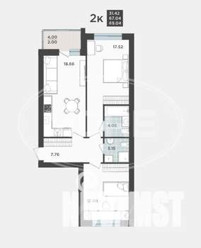 2-к квартира, вторичка, 69м2, 5/9 этаж