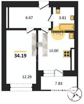 1-к квартира, вторичка, 34м2, 1/9 этаж