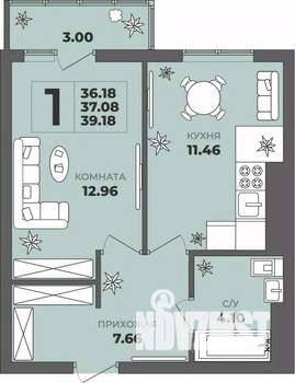 1-к квартира, строящийся дом, 37м2, 2/8 этаж