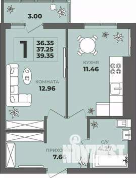 1-к квартира, строящийся дом, 37м2, 2/8 этаж