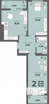 2-к квартира, строящийся дом, 63м2, 7/8 этаж