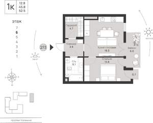 1-к квартира, сданный дом, 53м2, 6/7 этаж