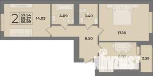 2-к квартира, строящийся дом, 60м2, 3/9 этаж