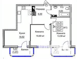 2-к квартира, вторичка, 59м2, 3/9 этаж