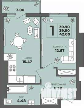 1-к квартира, строящийся дом, 40м2, 4/8 этаж