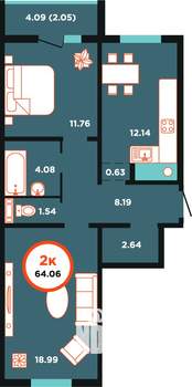 2-к квартира, строящийся дом, 64м2, 1/9 этаж