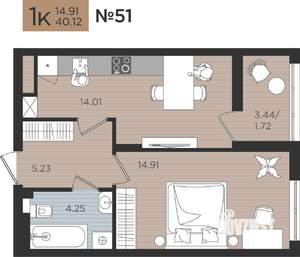 1-к квартира, вторичка, 40м2, 2/10 этаж