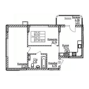 2-к квартира, строящийся дом, 58м2, 3/9 этаж