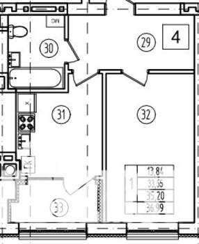 1-к квартира, строящийся дом, 35м2, 1/9 этаж