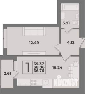 1-к квартира, вторичка, 39м2, 9/9 этаж