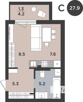 1-к квартира, вторичка, 28м2, 1/9 этаж