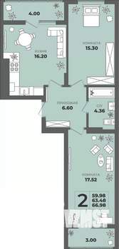 2-к квартира, строящийся дом, 63м2, 6/8 этаж