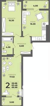 2-к квартира, строящийся дом, 63м2, 4/8 этаж