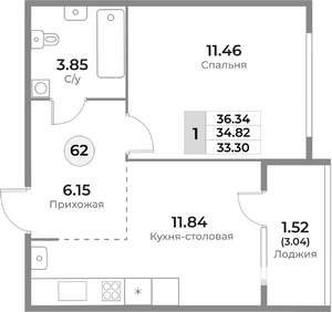 1-к квартира, строящийся дом, 35м2, 6/10 этаж