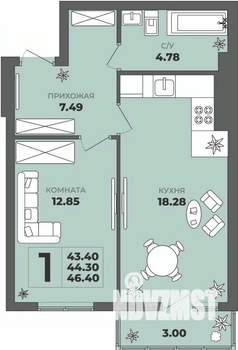 1-к квартира, строящийся дом, 44м2, 1/8 этаж
