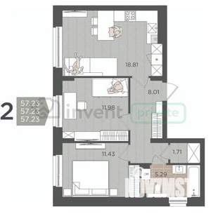 2-к квартира, вторичка, 57м2, 1/9 этаж