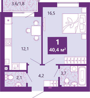 1-к квартира, сданный дом, 41м2, 1/4 этаж