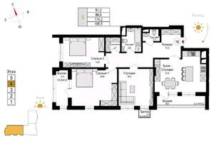 3-к квартира, сданный дом, 114м2, 4/9 этаж
