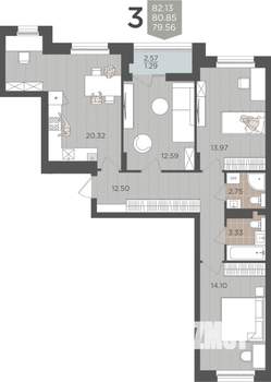3-к квартира, вторичка, 81м2, 9/9 этаж
