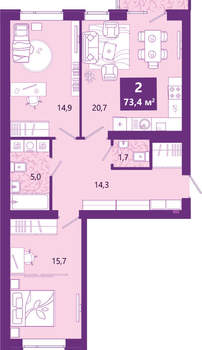 2-к квартира, сданный дом, 74м2, 4/4 этаж
