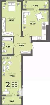 2-к квартира, строящийся дом, 63м2, 6/8 этаж