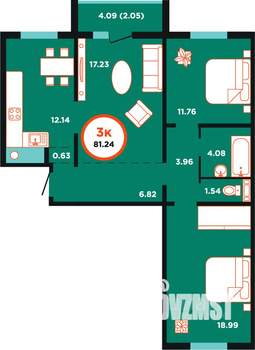 3-к квартира, строящийся дом, 81м2, 3/9 этаж