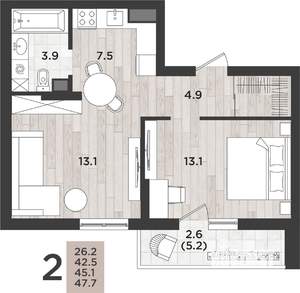 2-к квартира, вторичка, 45м2, 8/12 этаж