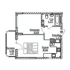 1-к квартира, строящийся дом, 40м2, 4/9 этаж