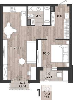 1-к квартира, вторичка, 50м2, 2/12 этаж